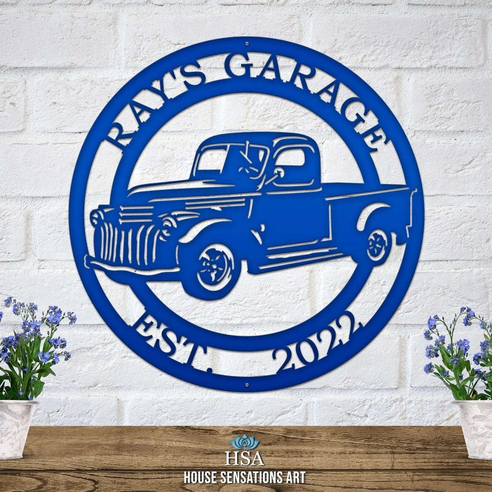 Old Chevy truck welcome sign – classic pickup metal art with custom address or family name