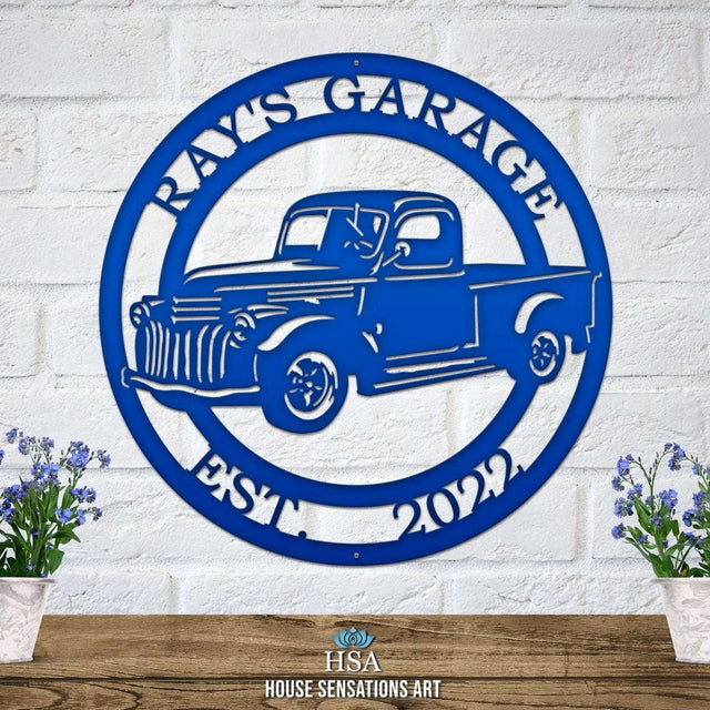 Old Chevy truck welcome sign – classic pickup metal art with custom address or family name