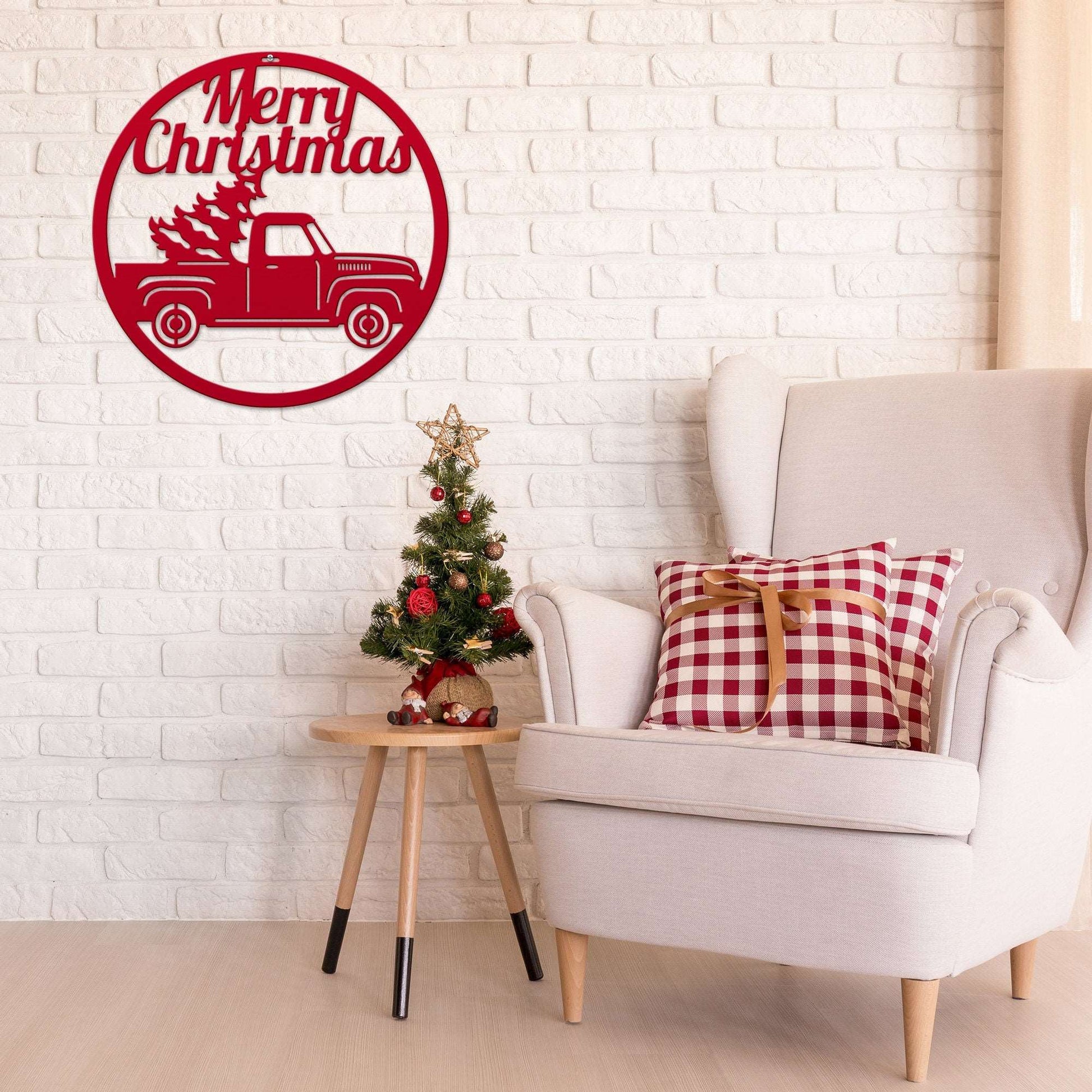 Old Truck with Christmas Tree Sign - Vintage Christmas Tree Truck Decor - Customizable Metal Door Decor - Personalized Welcome Sign - Durable, Rust - Resistant, Perfect for Home, Porch, and Garden – Unique Seasonal Gift - HouseSensationsArt