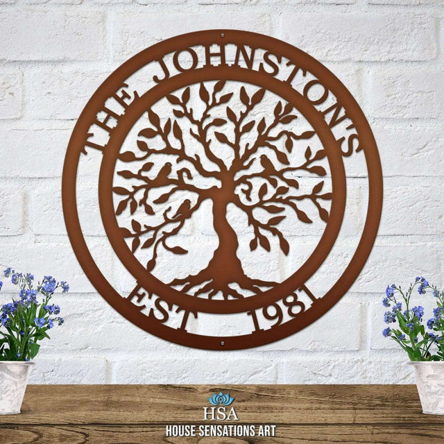 Olive Tree of Life Family Established Sign - Personalized Family Name Sign - Monogram Metal Wall Art - Custom Last Name Sign Wedding Gift - Home Decor Outdoor Metal Sign Tree of Life Sign House Sensations Art