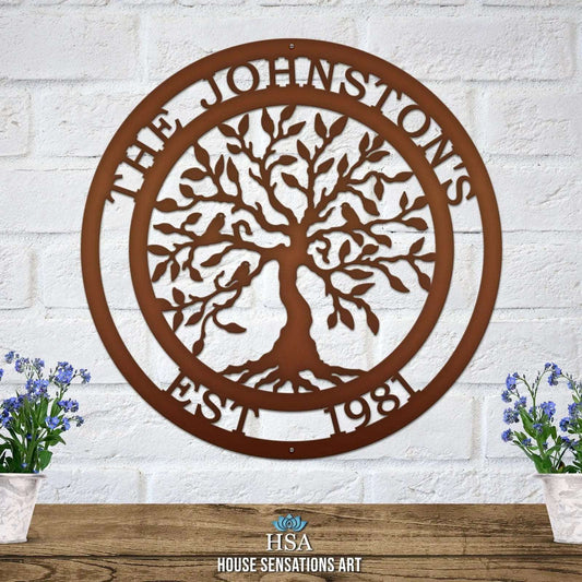 Olive Tree of Life Family Established Sign - Personalized Family Name Sign - Monogram Metal Wall Art - Custom Last Name Sign Wedding Gift - Home Decor Outdoor Metal Sign - HouseSensationsArt