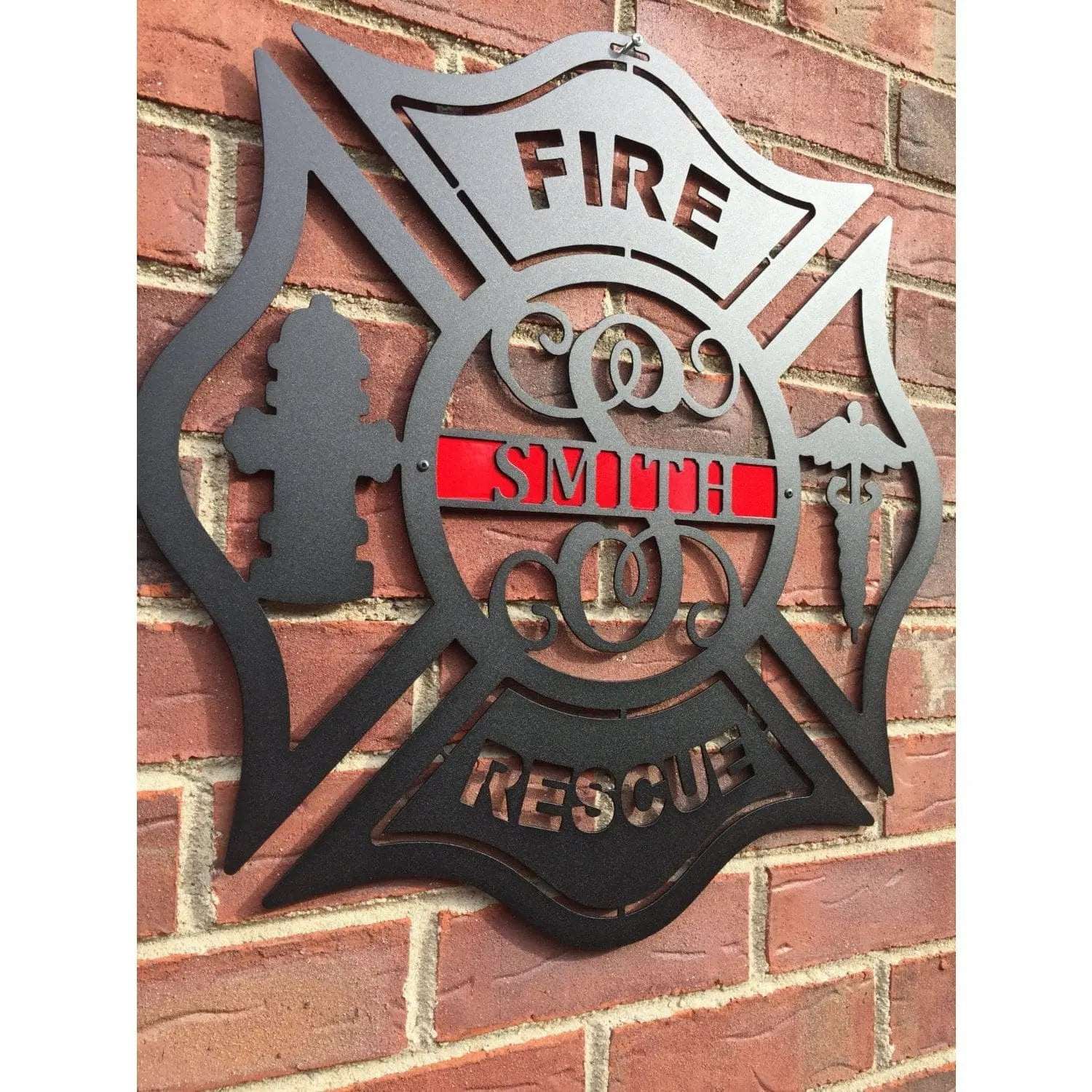 Outdoor firefighter address plaque – personalized metal sign for first responders.