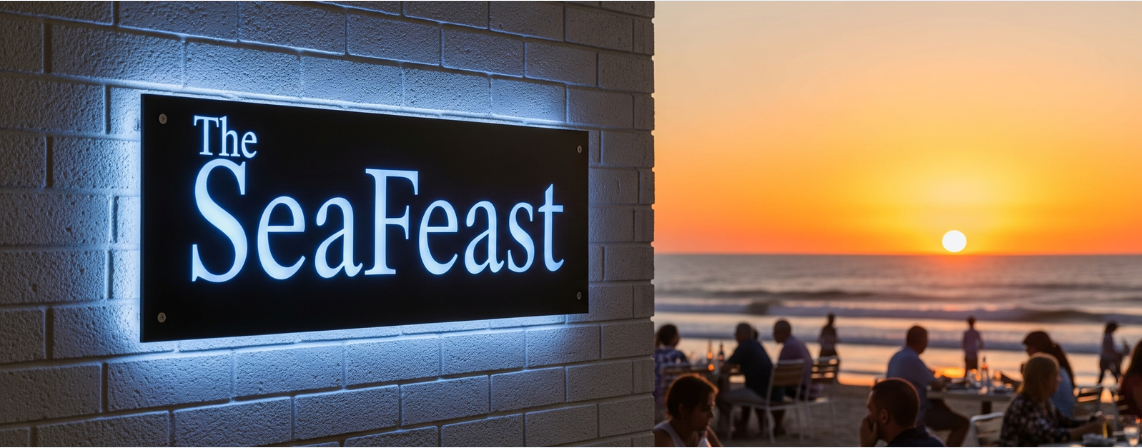 Outdoor LED metal business sign with backplate and halo lighting effect