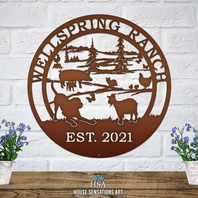 Outdoor metal sign for farm gates with animal silhouettes, handcrafted custom barn decor.