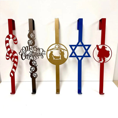 Set of Christmas and Hanukkah door wreath hooks, festive over-the-door wreath hangers for holiday decorations, displayed on a white background