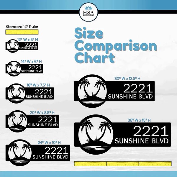 Palm tree address sign size comparison chart for “2221 Sunshine Blvd,” white background with HSA logo, personalized house number guide, outdoor signage reference