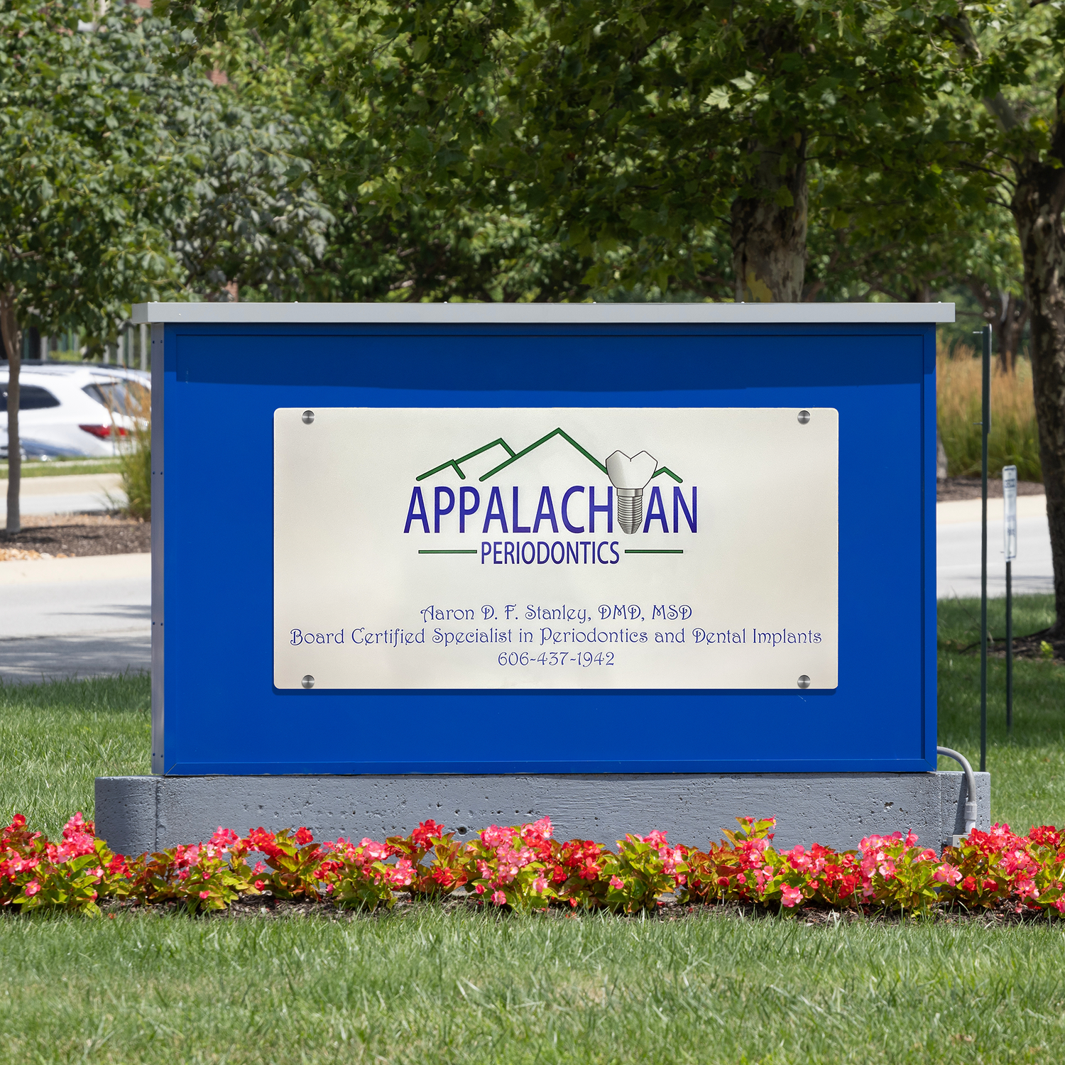 Periodontics custom metal logo sign with full-color UV printing, designed for professional dental branding and wall display.
