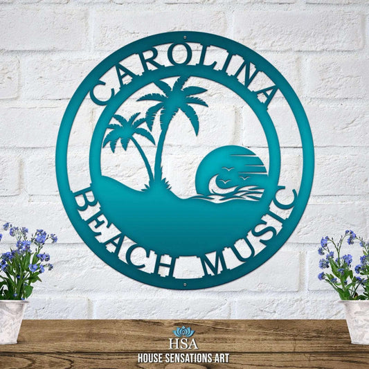 Personalized beach sunset metal sign with palm trees and custom name ideal for coastal home decor