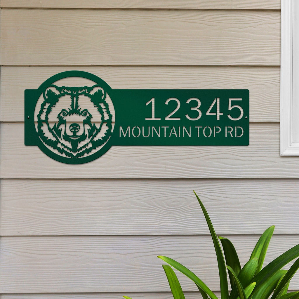 Personalized green bear cabin address sign, rustic metal décor with bear head design mounted on wooden house exterior