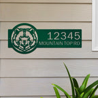 Personalized green bear cabin address sign, rustic metal décor with bear head design mounted on wooden house exterior