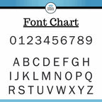 Font chart for personalized bear cabin address signs, showing letters A-Z and numbers 0-9 on white background with blue borders