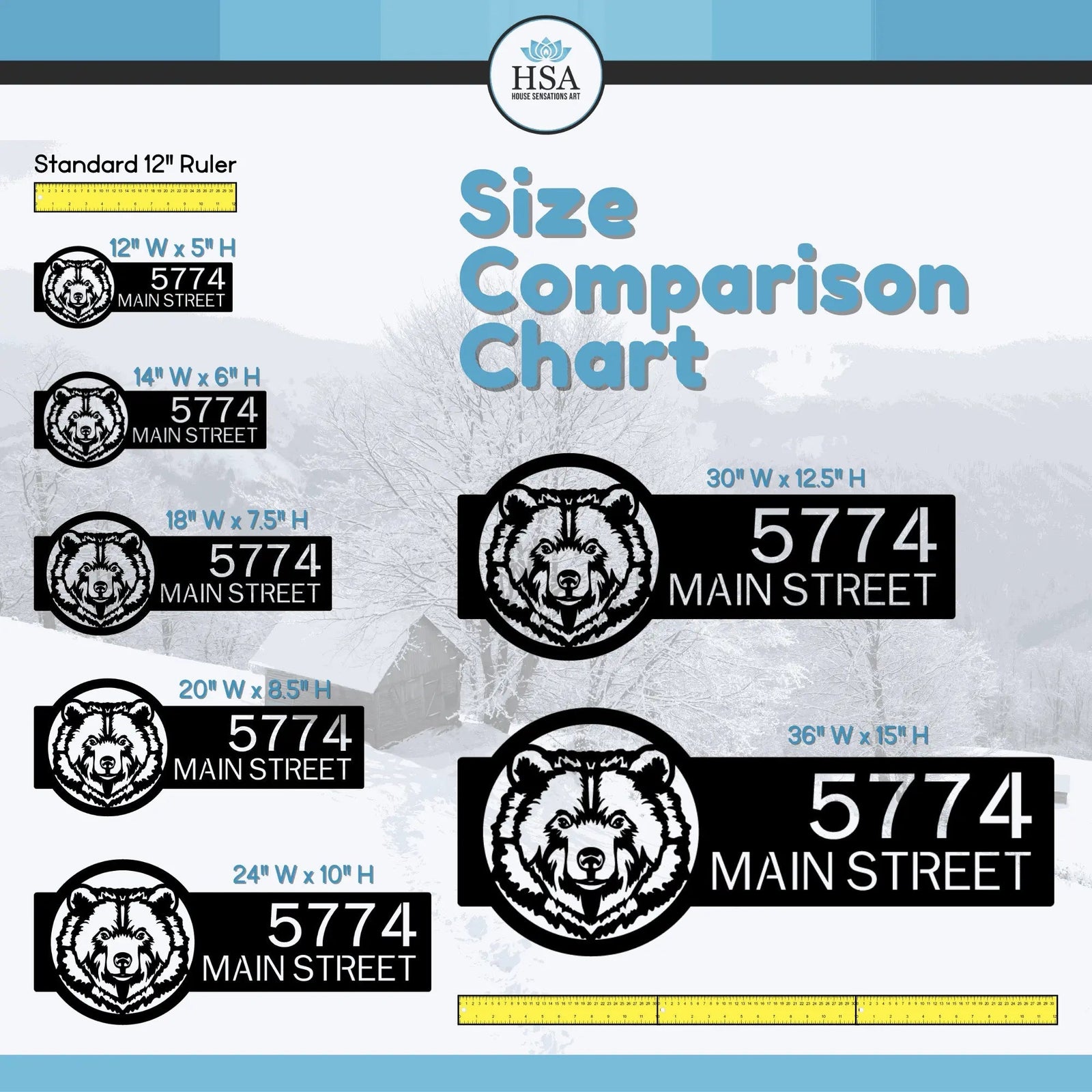 Size chart for personalized bear cabin address signs, showing dimensions with bear head design and HSA logo comparison