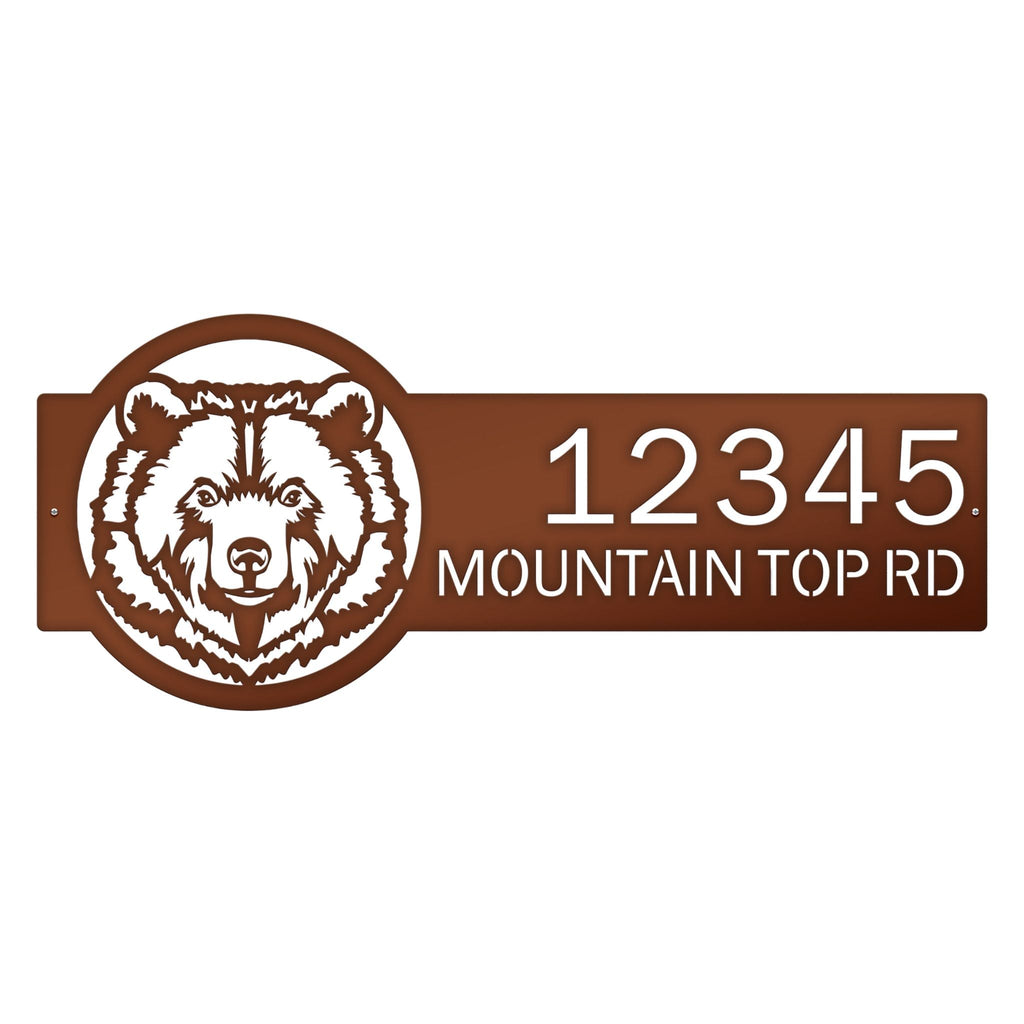Personalized brown bear cabin address sign, rustic metal décor with bear head design and '12345 Mountain Top Rd' text on white background