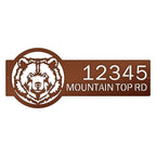 Personalized brown bear cabin address sign, rustic metal décor with bear head design and '12345 Mountain Top Rd' text on white background