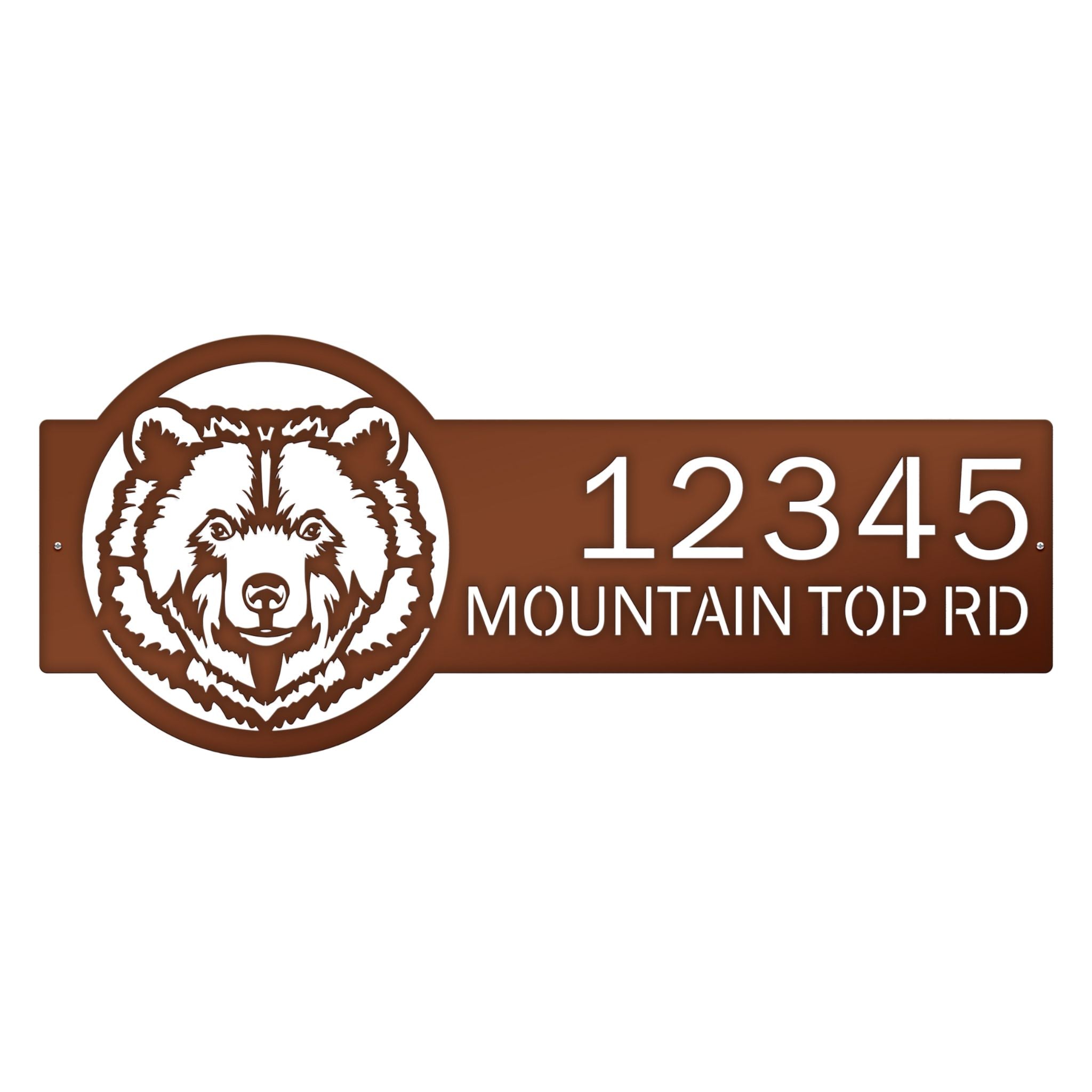 Personalized brown bear cabin address sign, rustic metal décor with bear head design and '12345 Mountain Top Rd' text on white background