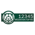 Personalized green bear cabin address sign, rustic metal décor with bear head design and '12345 Mountain Top Rd' text on white background