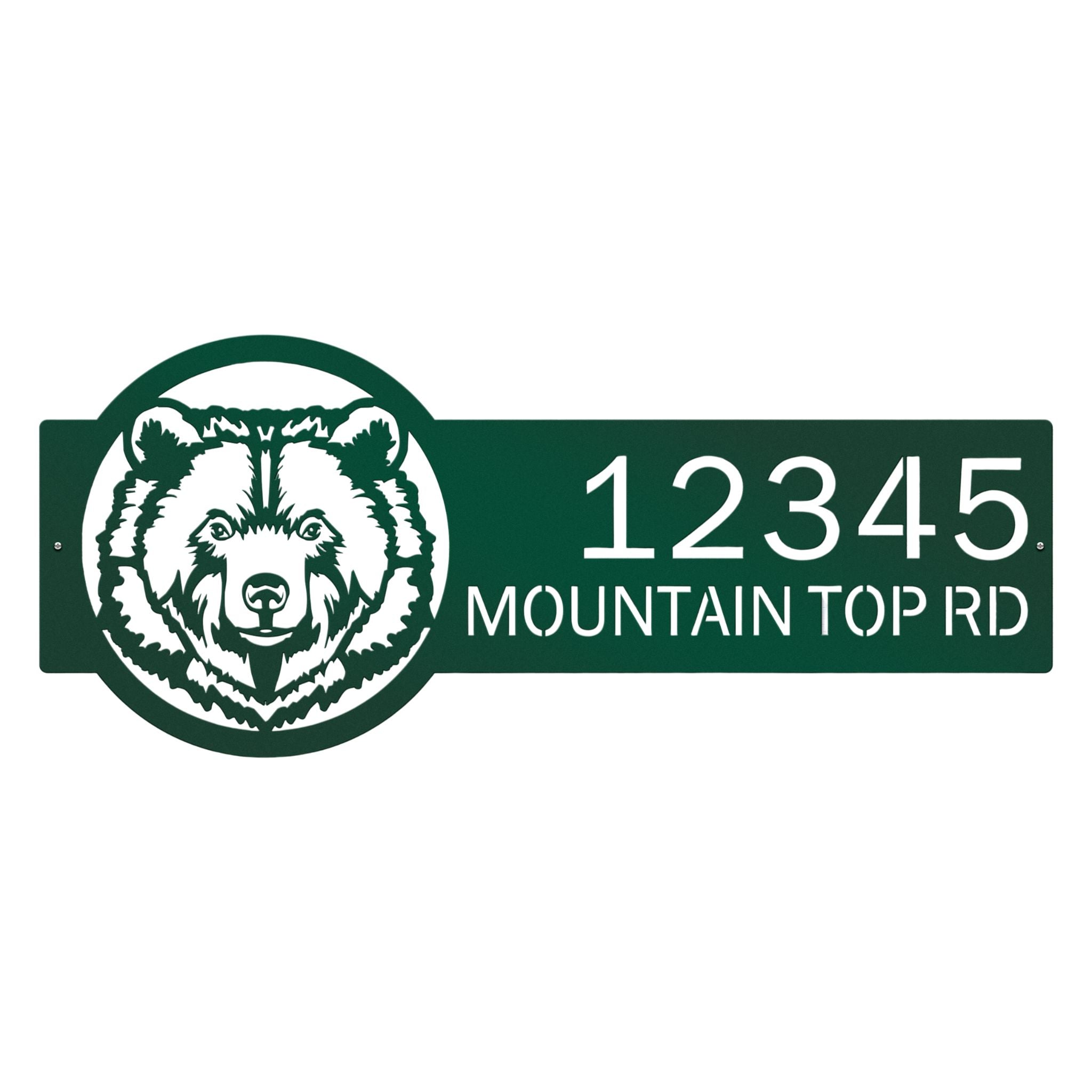 Personalized green bear cabin address sign, rustic metal décor with bear head design and '12345 Mountain Top Rd' text on white background