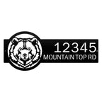 Personalized bear cabin address sign, rustic metal décor with bear head design and '12345 Mountain Top Rd' text on white background