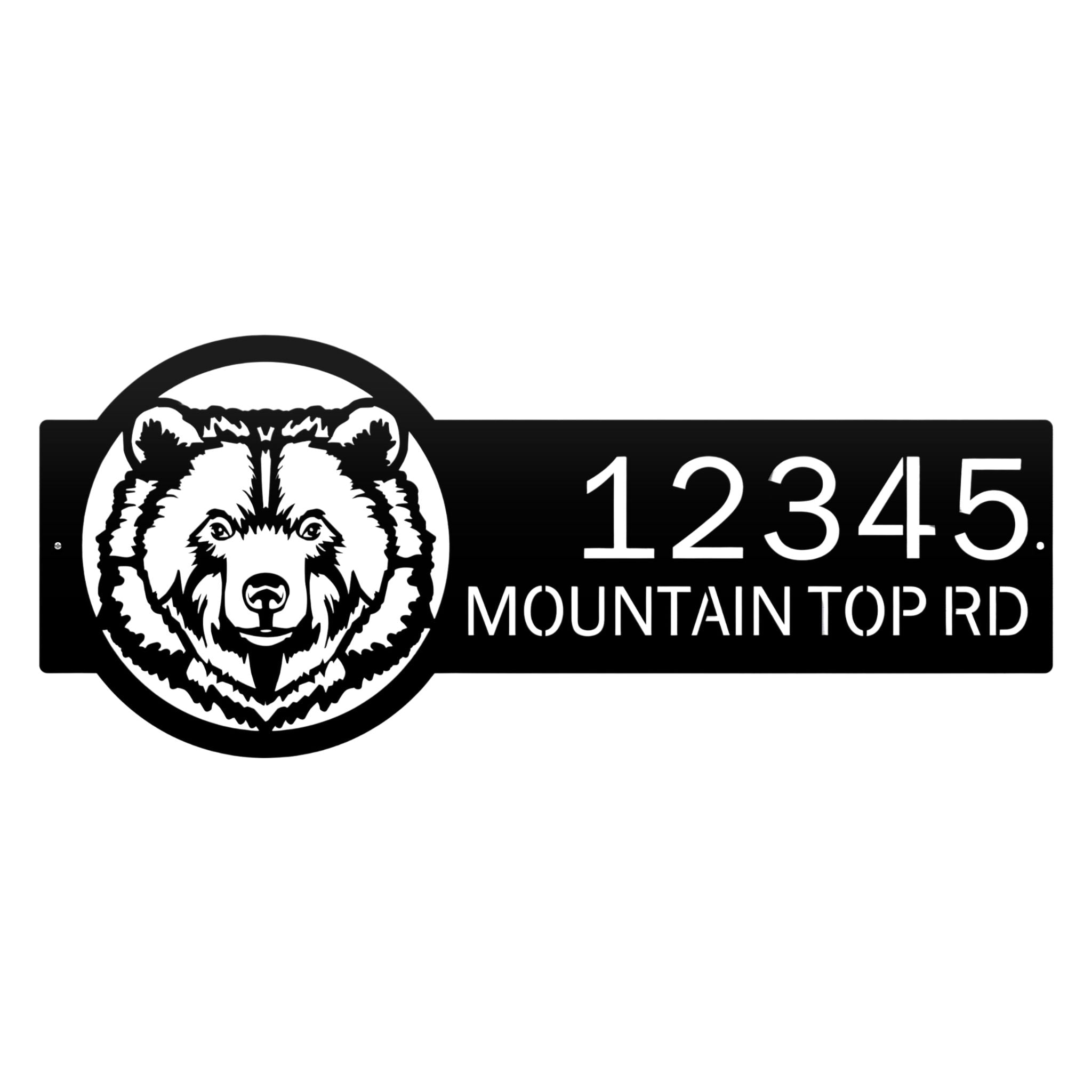 Personalized bear cabin address sign, rustic metal décor with bear head design and '12345 Mountain Top Rd' text on white background