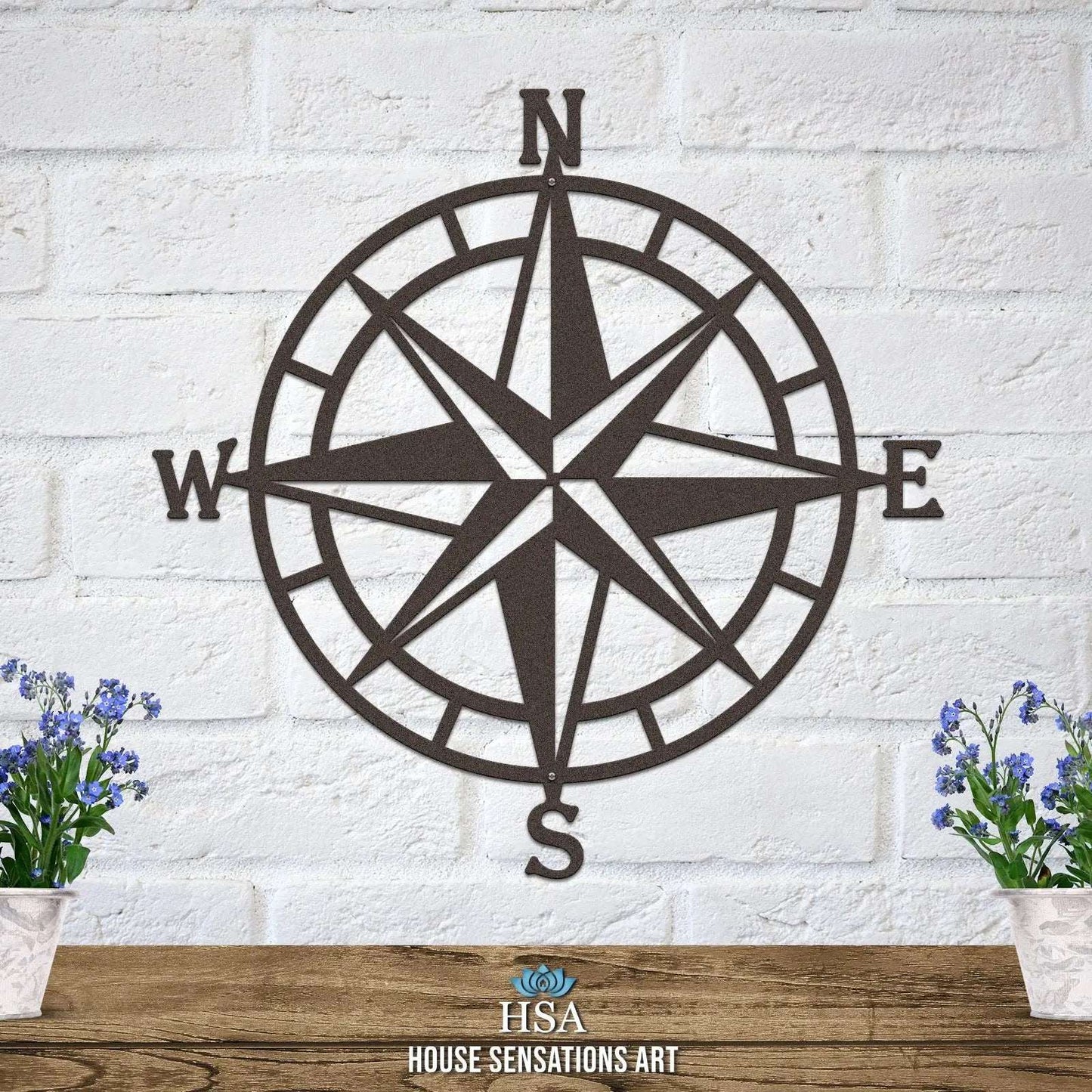 personalized-compass-rose-metal-art-for-garden-home-decor-brown-white-wall-with side-plants-house-sensations-art.jpg