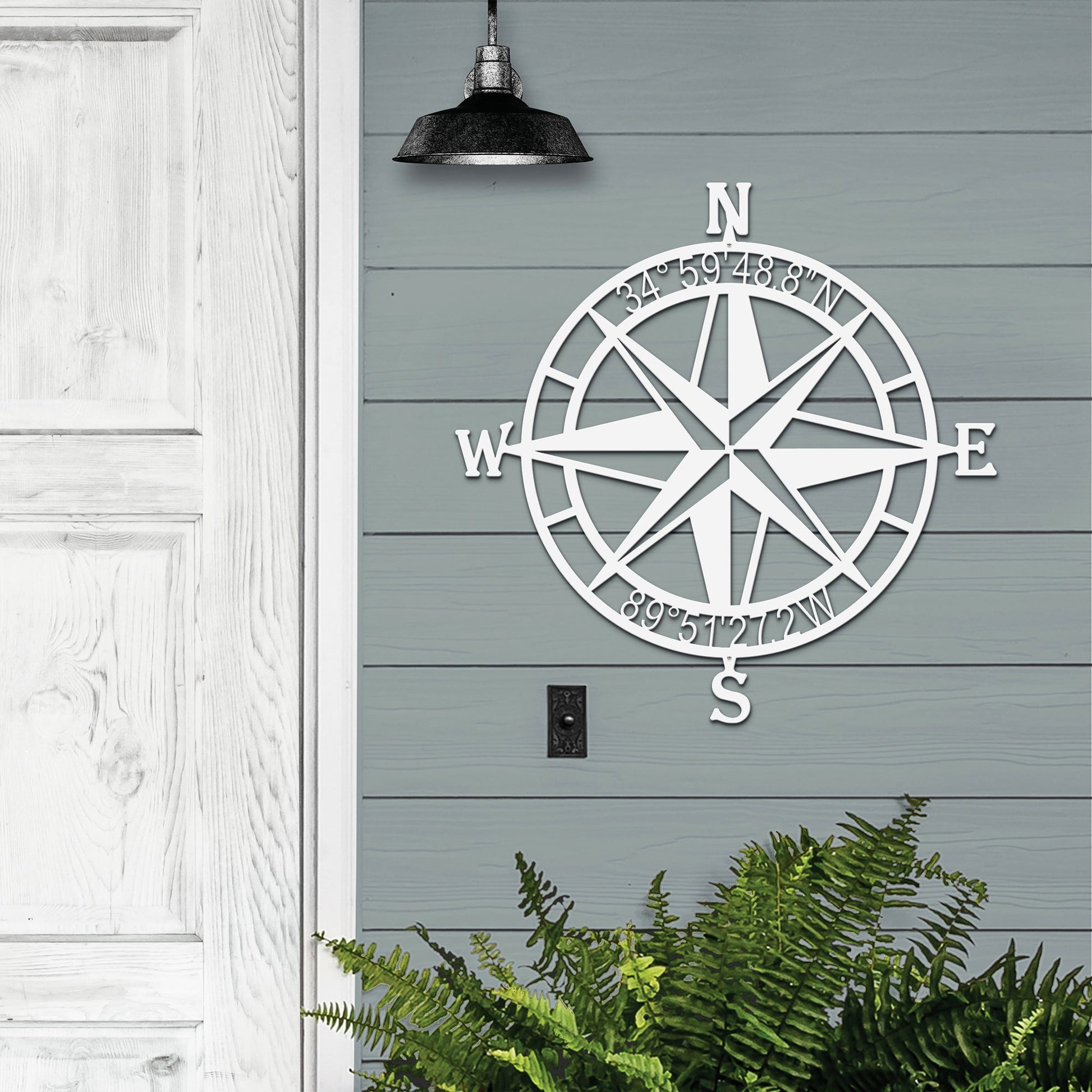 Personalized Compass Rose Metal Sign with plants & outdoor