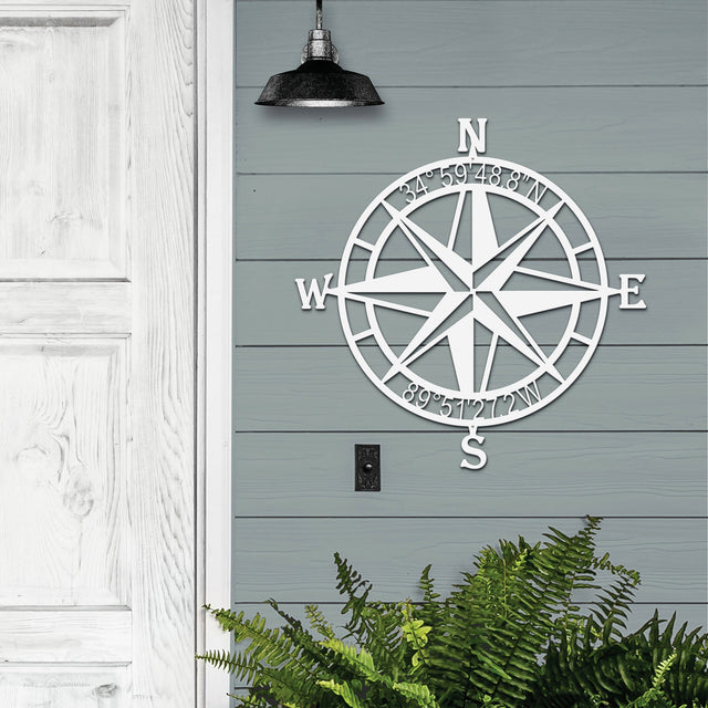 Personalized Compass Rose Metal Sign with plants & outdoor