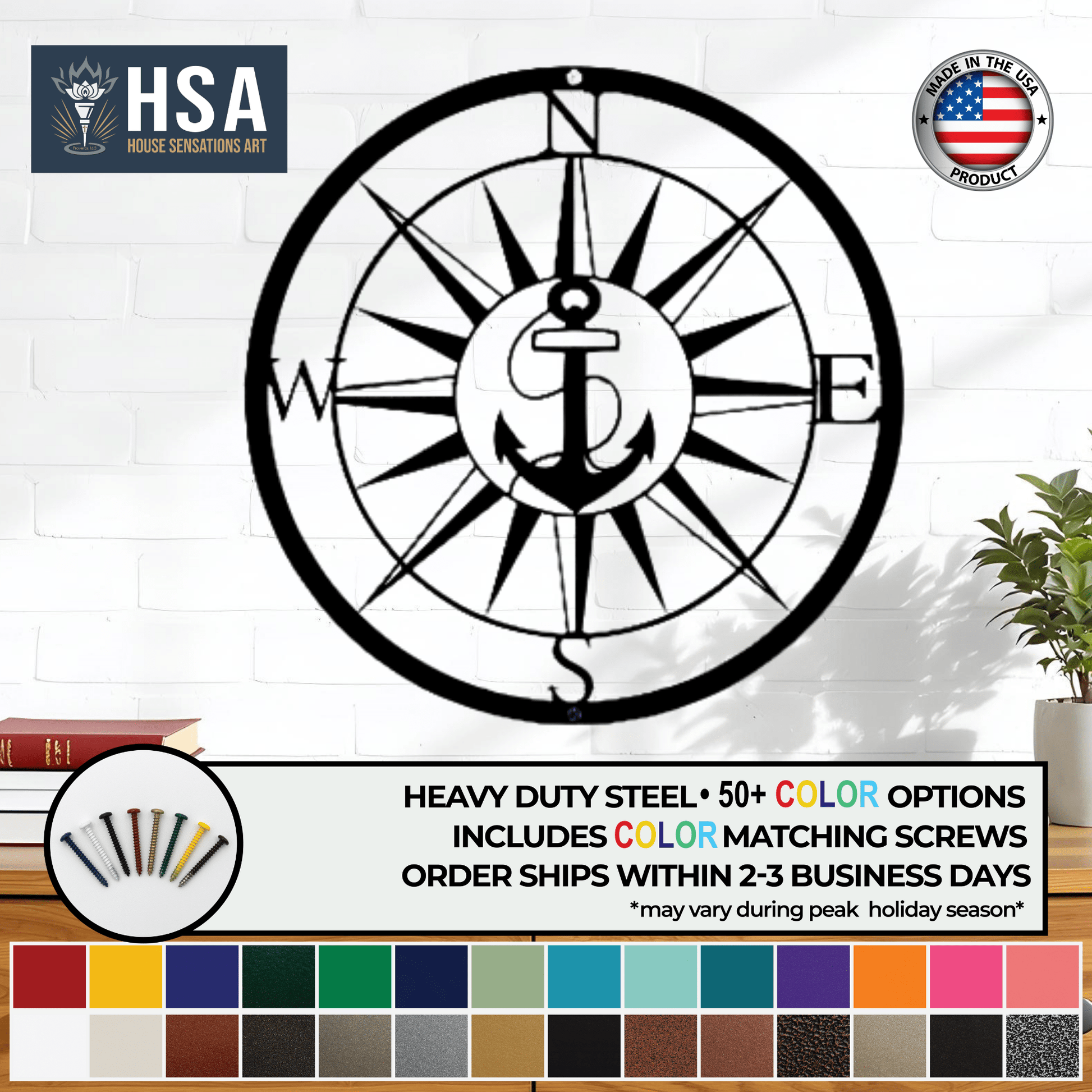 Personalized Compass with Anchor Sign – Custom Nautical Wall Decor - HouseSensationsArt