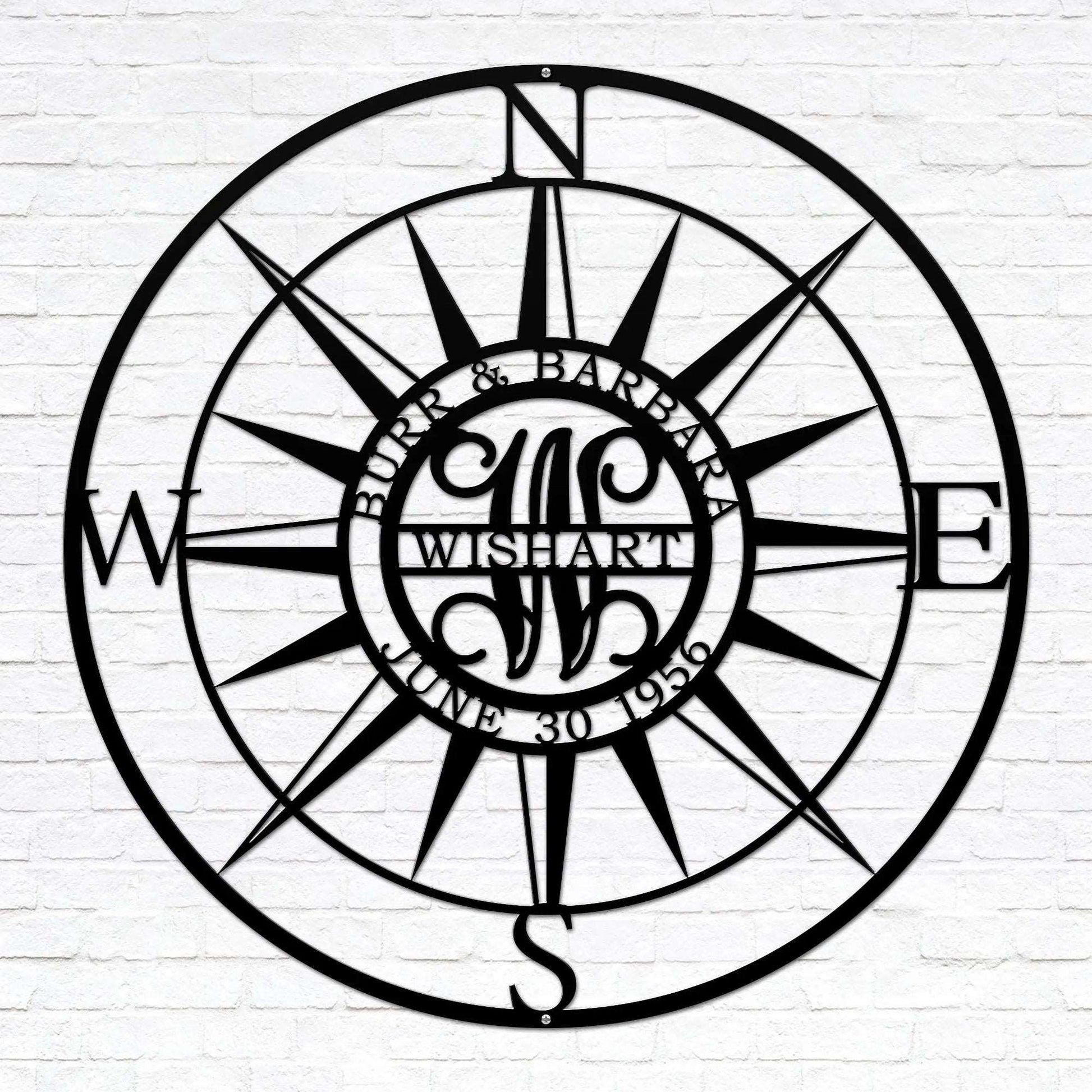 Personalized Compass with Monogram Letter - Personalized Nautical Wall Art, Family Name & Date - Indoor Outdoor Metal Decor, Housewarming or Wedding Gift for Couples - HouseSensationsArt
