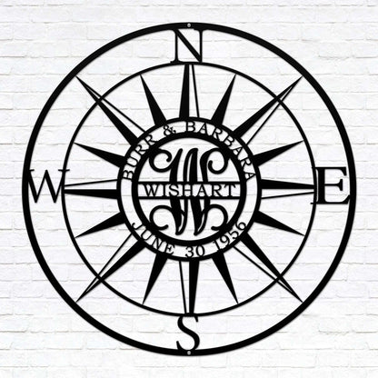 Personalized Compass with Monogram Letter - Personalized Nautical Wall Art, Family Name & Date - Indoor Outdoor Metal Decor, Housewarming or Wedding Gift for Couples - HouseSensationsArt