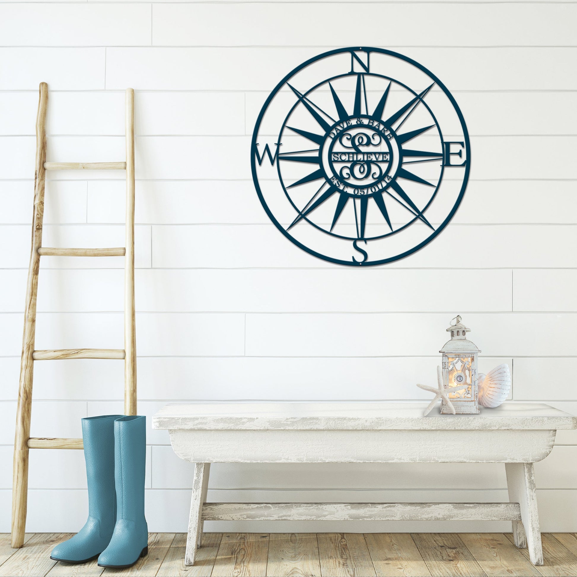 Personalized Compass with Monogram Letter - Personalized Nautical Wall Art, Family Name & Date - Indoor Outdoor Metal Decor, Housewarming or Wedding Gift for Couples - HouseSensationsArt