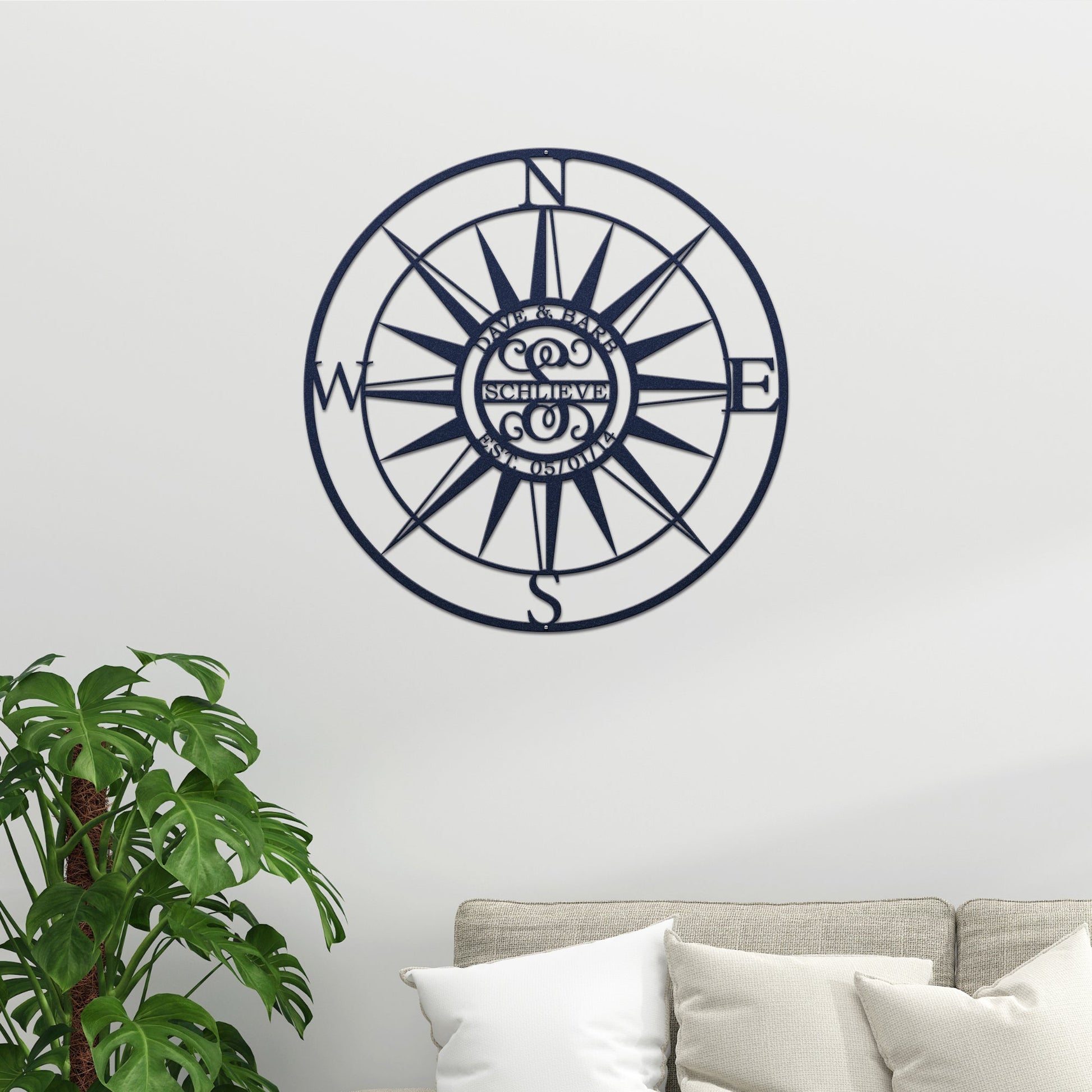 Personalized Compass with Monogram Letter - Personalized Nautical Wall Art, Family Name & Date - Indoor Outdoor Metal Decor, Housewarming or Wedding Gift for Couples - HouseSensationsArt