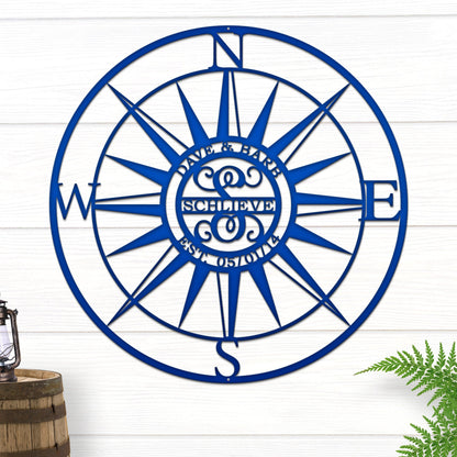 Personalized Compass with Monogram Letter - Personalized Nautical Wall Art, Family Name & Date - Indoor Outdoor Metal Decor, Housewarming or Wedding Gift for Couples - HouseSensationsArt