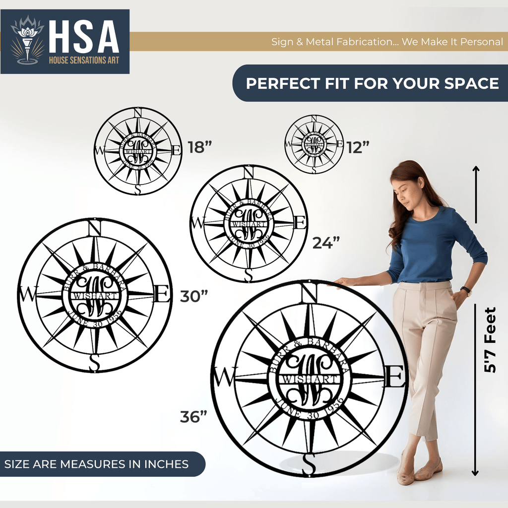 Personalized metal art by House Sensations Art displayed with size options 12", 18", 24", 30", and 36", shown with a woman for scale to highlight dimensions, design details, and durable metal craftsmanship.