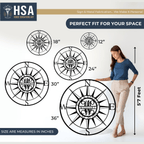 Personalized metal art by House Sensations Art displayed with size options 12", 18", 24", 30", and 36", shown with a woman for scale to highlight dimensions, design details, and durable metal craftsmanship.