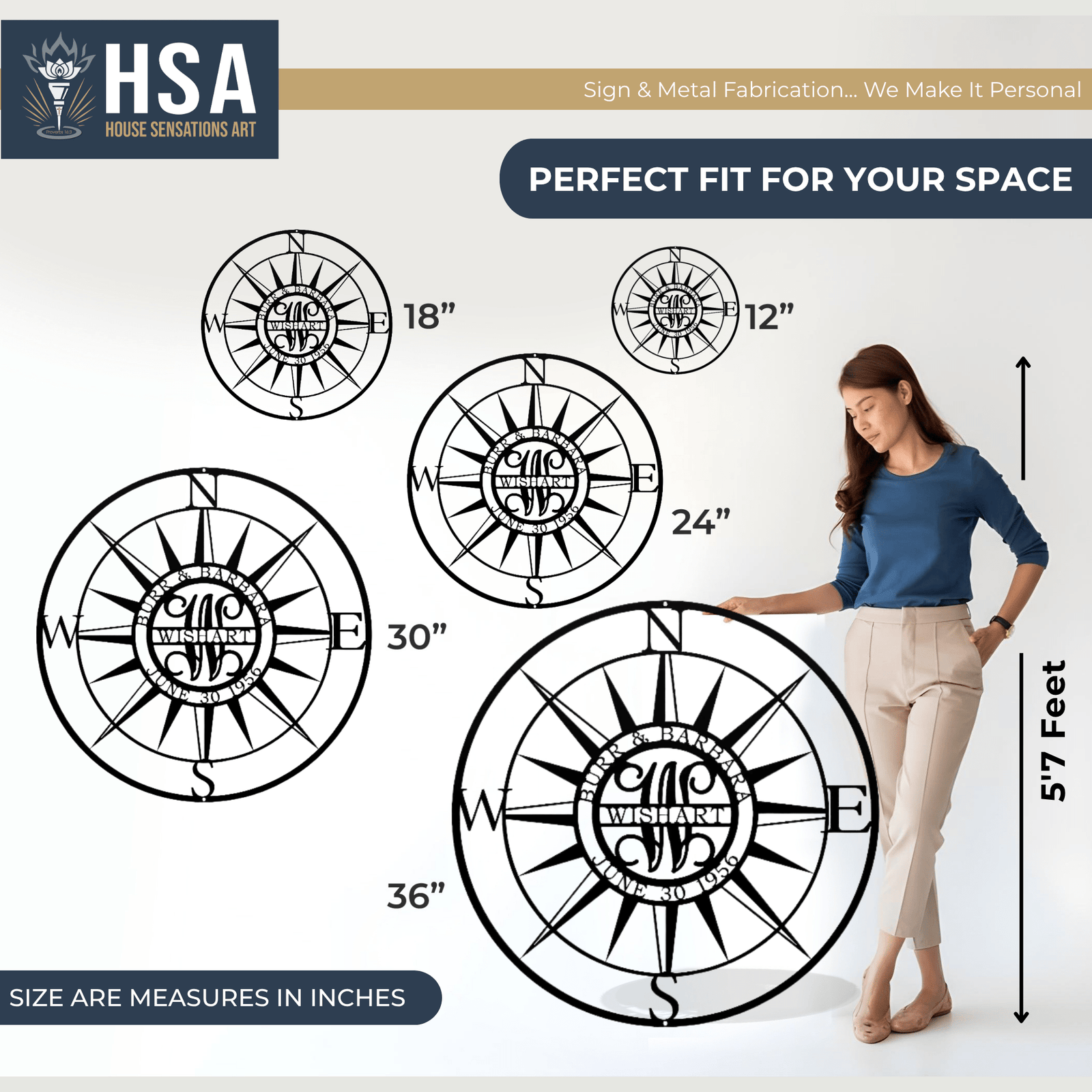 Personalized metal art by House Sensations Art displayed with size options 12", 18", 24", 30", and 36", shown with a woman for scale to highlight dimensions, design details, and durable metal craftsmanship.