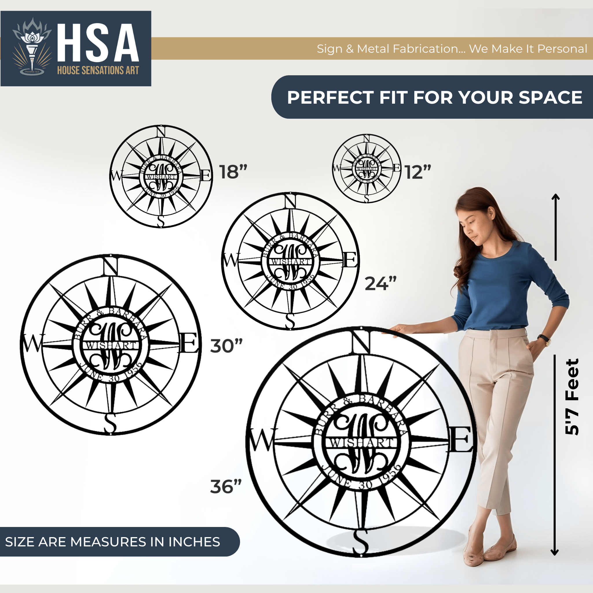 Personalized metal art by House Sensations Art displayed with size options 12", 18", 24", 30", and 36", shown with a woman for scale to highlight dimensions, design details, and durable metal craftsmanship.