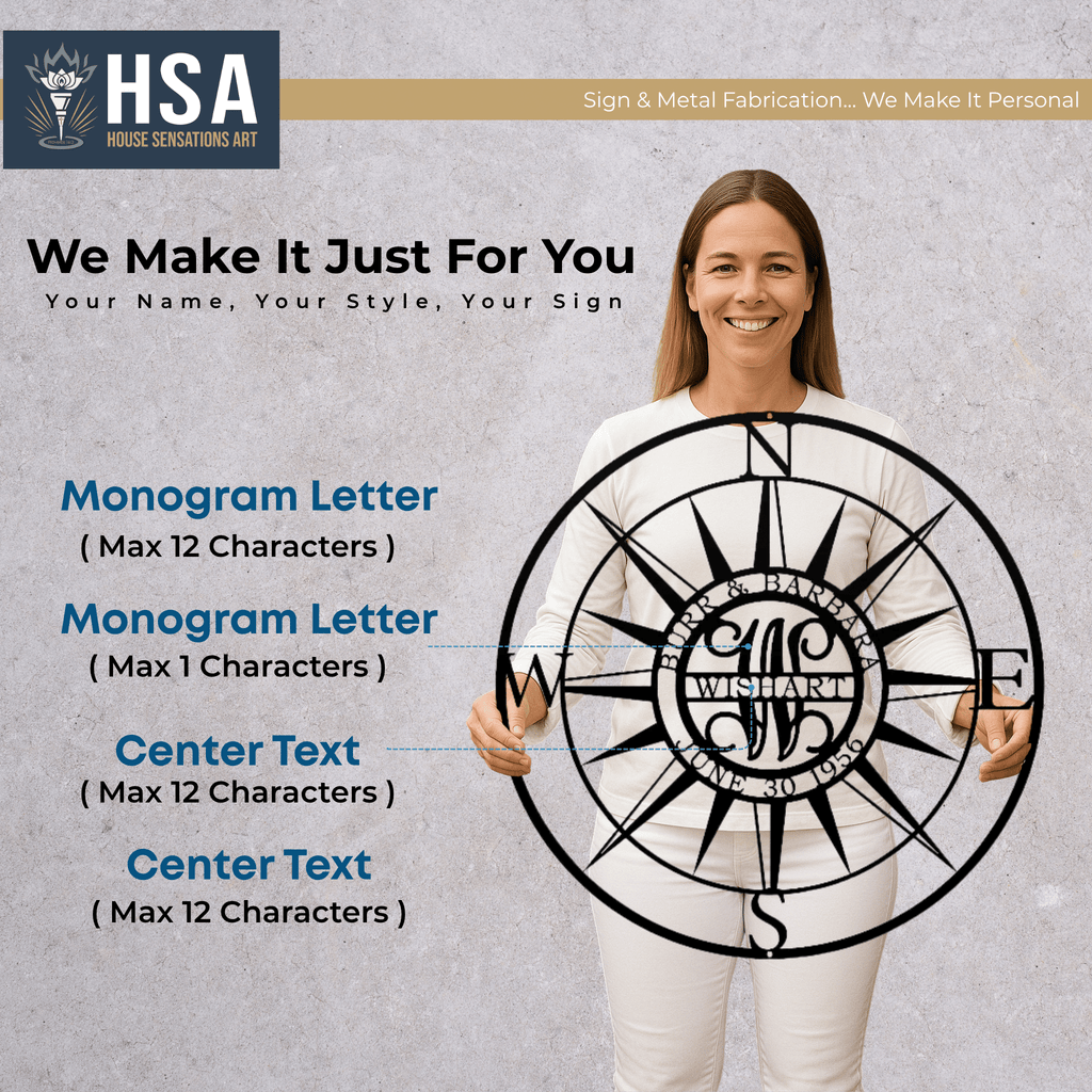Woman holding personalized compass metal wall art with custom text, bespoke nautical décor, made to order design, House Sensations Art branding