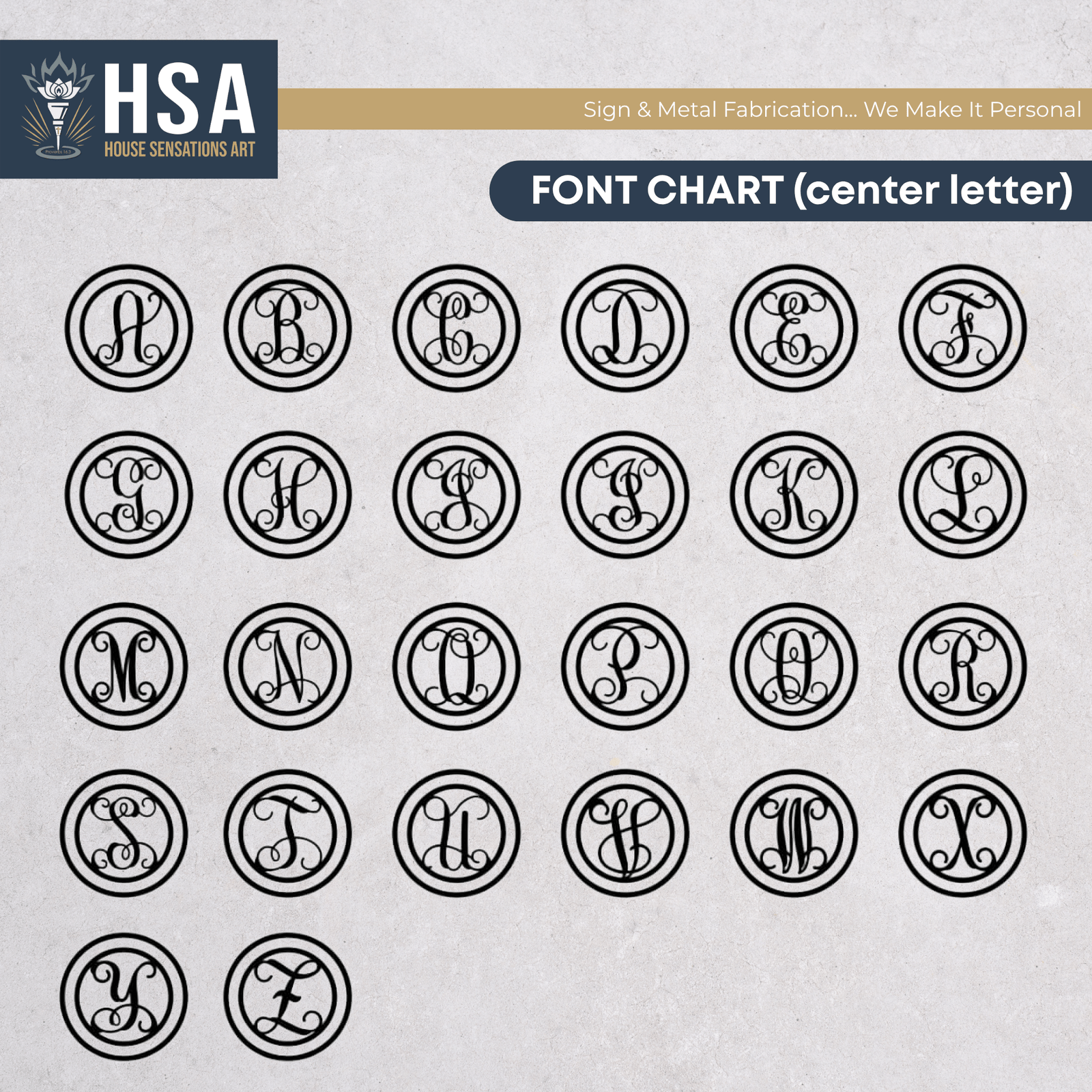 Monogram font chart for personalized compass metal wall art, A–Z letter samples, custom typography guide, House Sensations Art branding display
