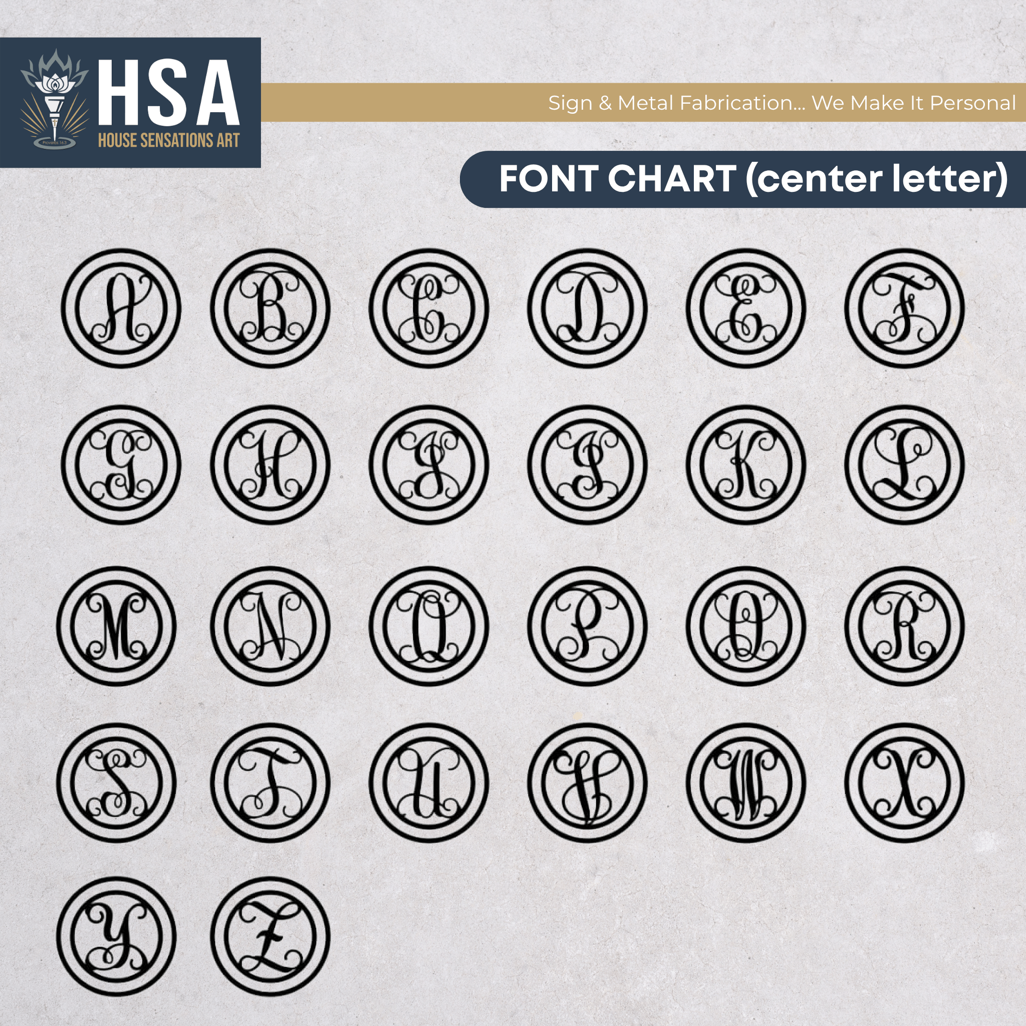 Monogram font chart for personalized compass metal wall art, A–Z letter samples, custom typography guide, House Sensations Art branding display