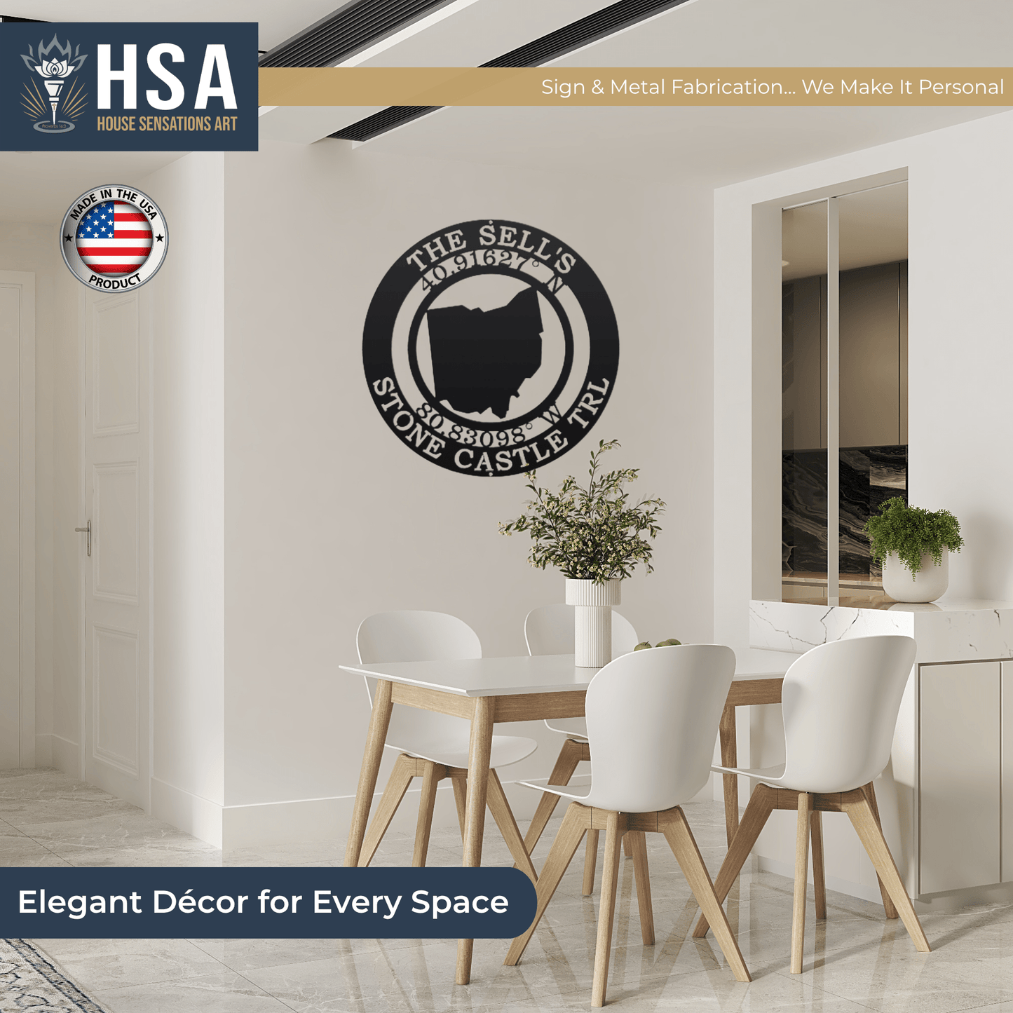 Dining room featuring personalized circular metal coordinates wall art with HSA House Sensations Art branding, decorative home wall décor, HouseSensationsArt