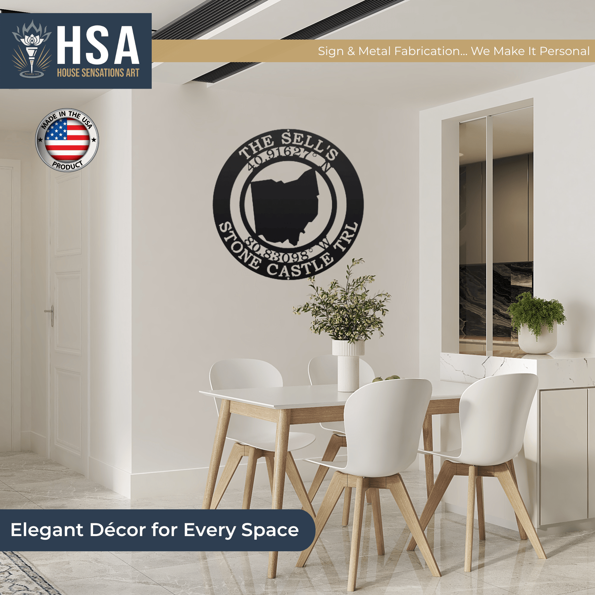 Dining room featuring personalized circular metal coordinates wall art with HSA House Sensations Art branding, decorative home wall décor, HouseSensationsArt