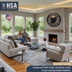 Living room with family and fireplace, featuring personalized metal coordinates wall décor with HSA House Sensations Art logo and custom text, decorative home sign, HouseSensationsArt