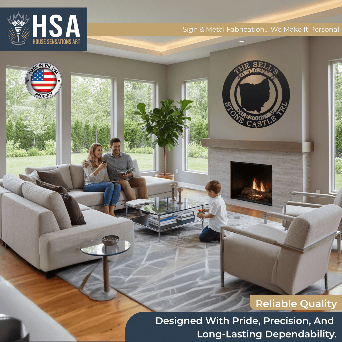 Living room with family and fireplace, featuring personalized metal coordinates wall décor with HSA House Sensations Art logo and custom text, decorative home sign, HouseSensationsArt