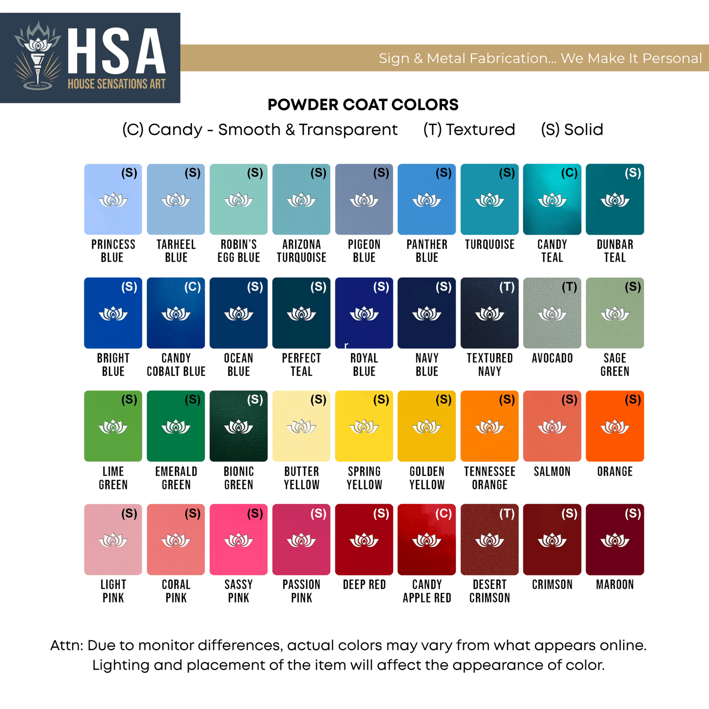 Powder coat color chart for custom metal coordinates signs, featuring HSA House Sensations Art logo at the top, decorative finish options, HouseSensationsArt