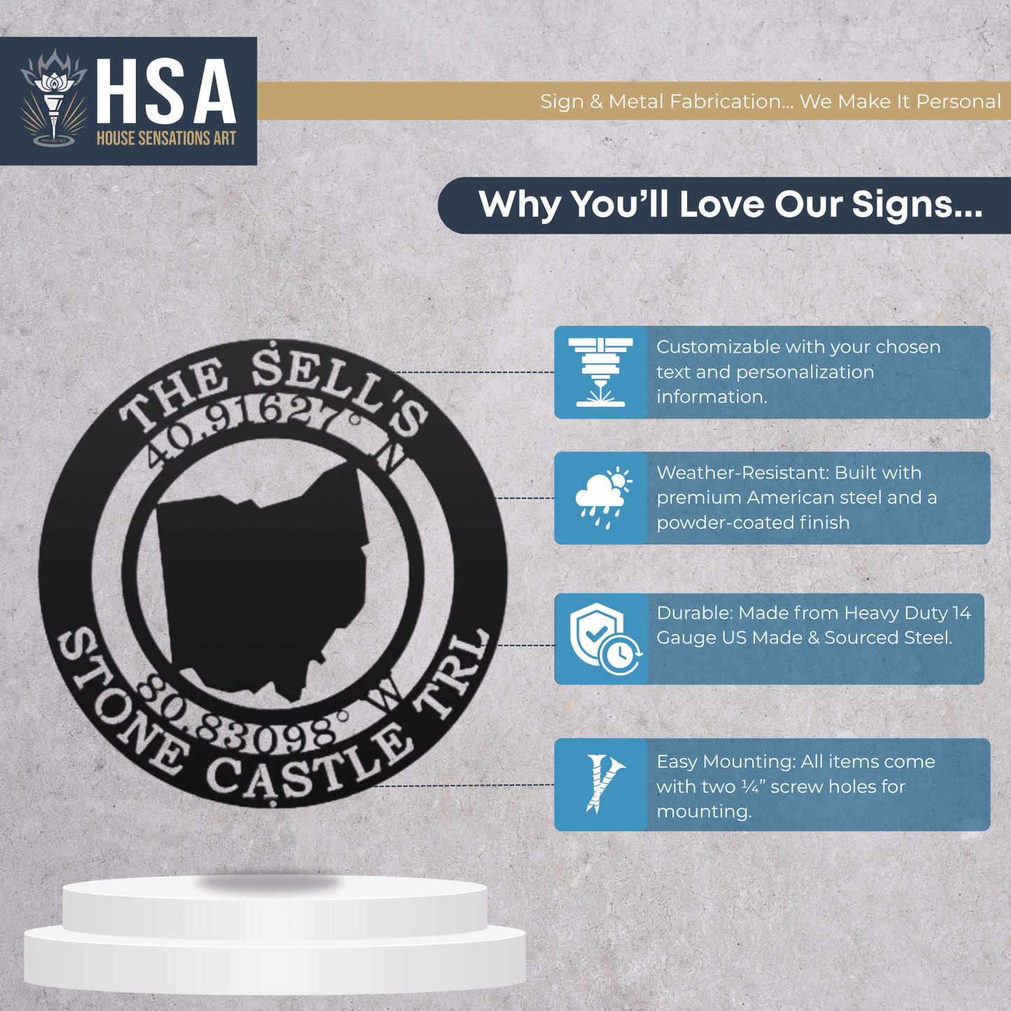Customizable metal coordinates sign with personalized text, displayed on gray background with HSA House Sensations Art branding, decorative wall décor, HouseSensationsArt