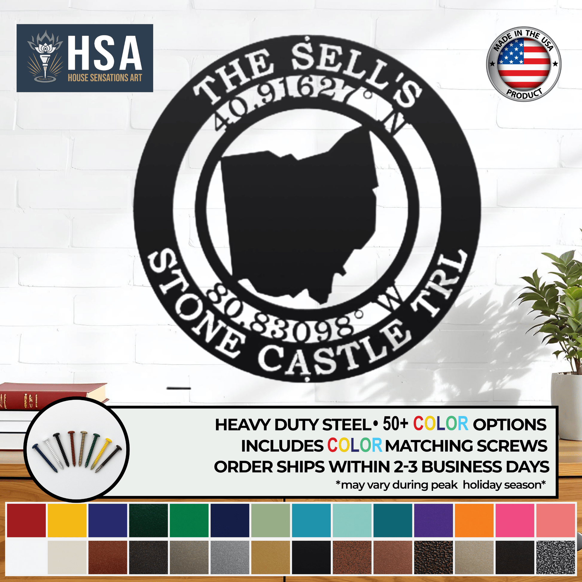 Personalized metal coordinates sign featuring Ohio outline and custom text, decorative wall décor displayed on white brick wall, HouseSensationsArt