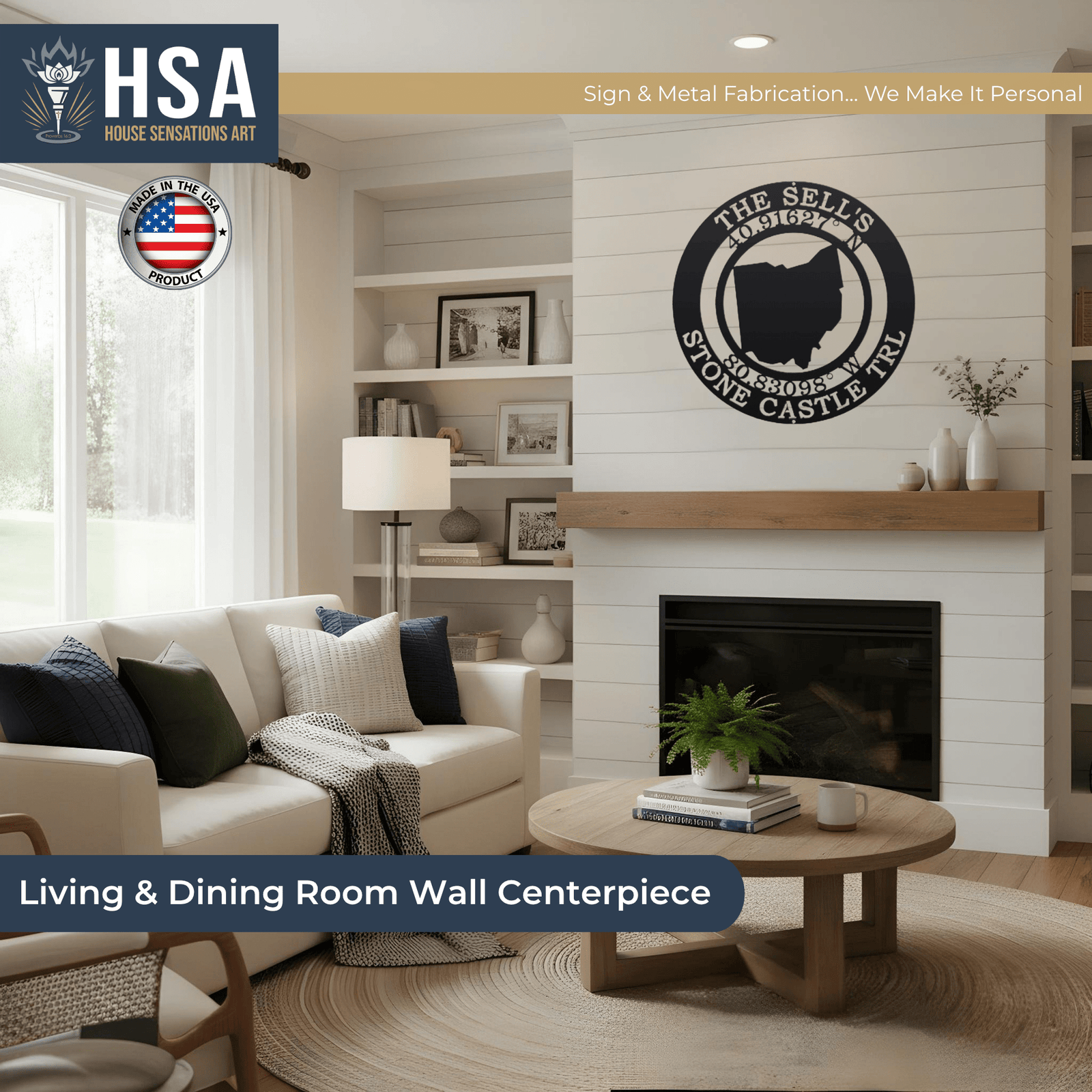 Living room with personalized metal wall décor featuring “The Sell's Stone Castle” design, HSA House Sensations Art branding, decorative home wall sign, HouseSensationsArt