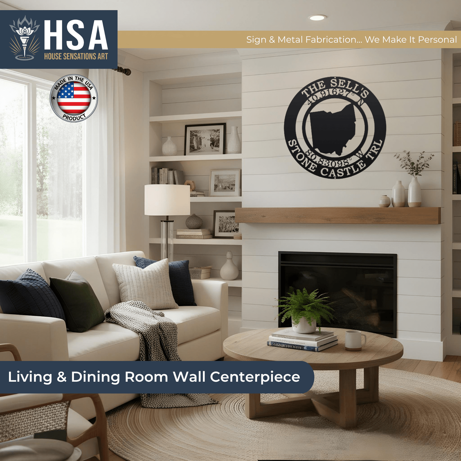 Living room with personalized metal wall décor featuring “The Sell's Stone Castle” design, HSA House Sensations Art branding, decorative home wall sign, HouseSensationsArt