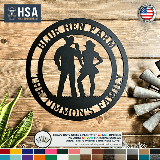 Personalized Cowboy and Cowgirl Metal Wall Decor Sign Custom Ranch Sign for Farmhouse Western Family Name Sign Cowboy Gift for Him Heavy Duty Steel - TTS - HouseSensationsArt