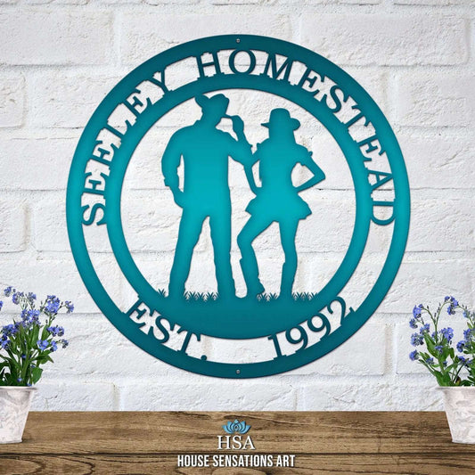 Personalized Cowboy and Cowgirl Sign - Personalized Family Name Sign - Monogram Metal Wall Art - Custom Last Name Sign Wedding Gift - Home Decor Outdoor Metal Sign - HouseSensationsArt